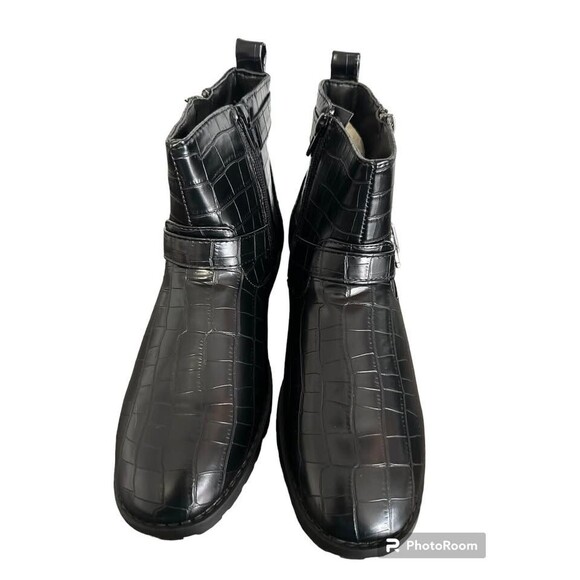 Tinstree Women's Round Toe Low Heel Slouchy Bootie Side Zipper & Buckle Strap 9 - Picture 2 of 9